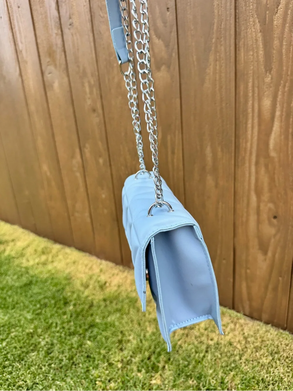Quilted Light Blue Chain Strap Crossbody Bag